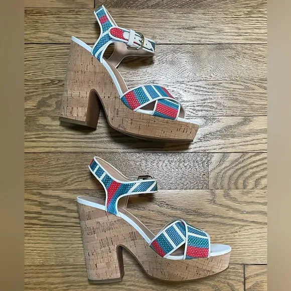 Kate Spade Grace Striped Raffia Platform Multicolor Striped Sandals - Sz 7.5