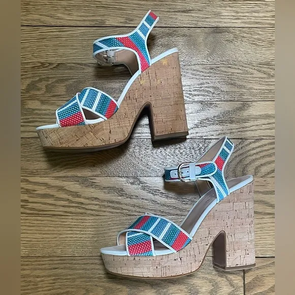 Kate Spade Grace Striped Raffia Platform Multicolor Striped Sandals - Sz 7.5