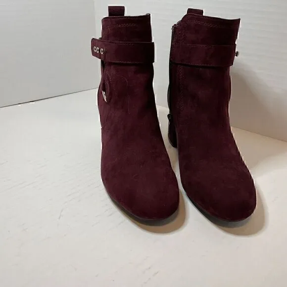 KELLY AND KATIE ANKLE BOOTS BURGUNDY SUEDE NAILHEAD ACCENTS 2.5&quot; HEEL SIZE 6