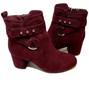 KELLY AND KATIE ANKLE BOOTS BURGUNDY SUEDE NAILHEAD ACCENTS 2.5&quot; HEEL SIZE 6