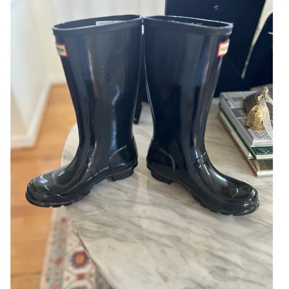 KIDS Hunter Black Shiny Tall Black Rain Boots US 3B/4G UK 2