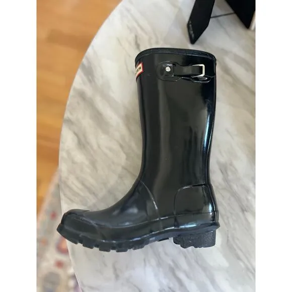 KIDS Hunter Black Shiny Tall Black Rain Boots US 3B/4G UK 2