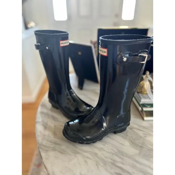 KIDS Hunter Black Shiny Tall Black Rain Boots US 3B/4G UK 2