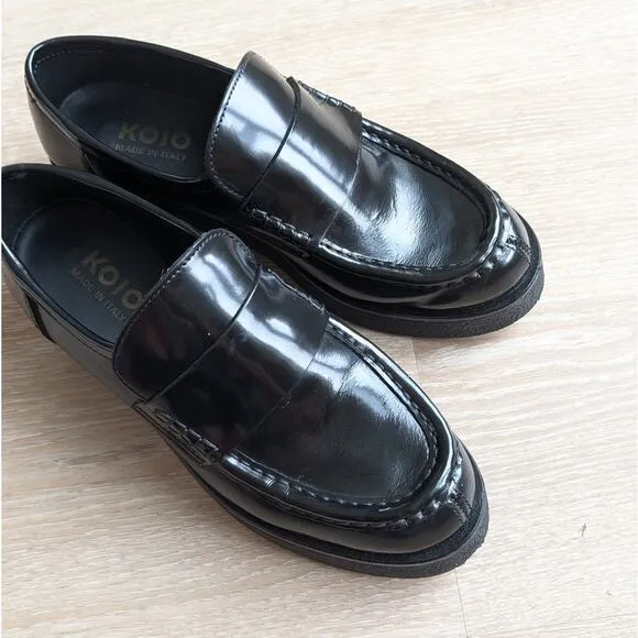 Koio Bari In Glossed Black Leather Platform Loafer Italy Shoes, size IT 38/US 8