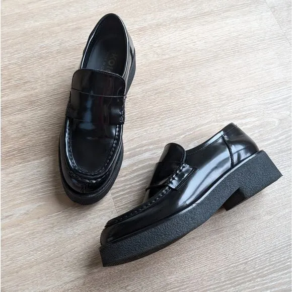 Koio Bari In Glossed Black Leather Platform Loafer Italy Shoes, size IT 38/US 8