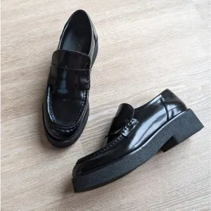 Koio Bari In Glossed Black Leather Platform Loafer Italy Shoes, size IT 38/US 8