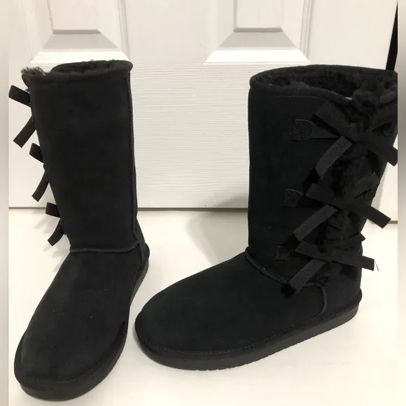 Koolaburra Ugg Black Victoria tall boots girls size 4‎ bows suede style 1020171
