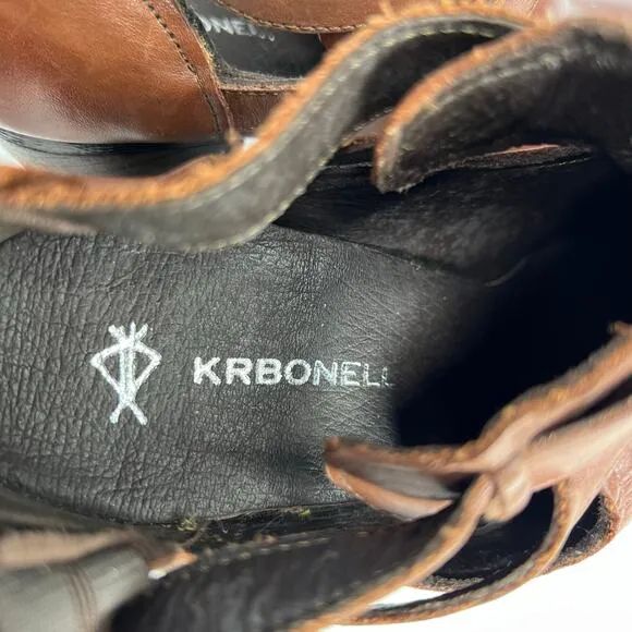 Krbonell Leather Cut Out Buckle Strap Block Heeled Ankle Bootie Brown Size 7.5