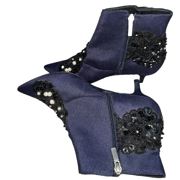 KURT GEIGER LONDON BELGRAVIA POINTED TOE ANKLE BOOT Navy 39 Cloth Sequins Pearl