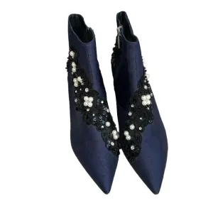 KURT GEIGER LONDON BELGRAVIA POINTED TOE ANKLE BOOT Navy 39 Cloth Sequins Pearl