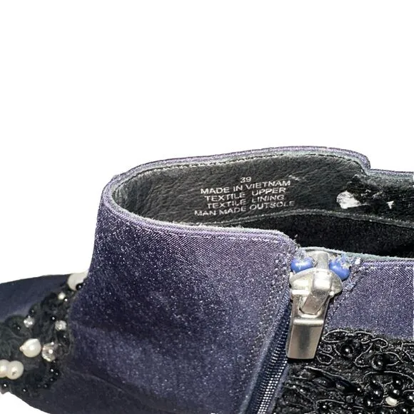 KURT GEIGER LONDON BELGRAVIA POINTED TOE ANKLE BOOT Navy 39 Cloth Sequins Pearl