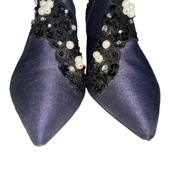 KURT GEIGER LONDON BELGRAVIA POINTED TOE ANKLE BOOT Navy 39 Cloth Sequins Pearl