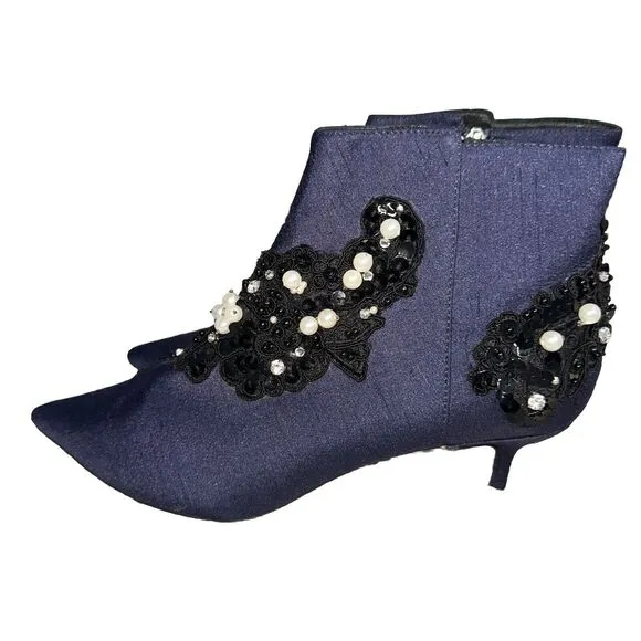 KURT GEIGER LONDON BELGRAVIA POINTED TOE ANKLE BOOT Navy 39 Cloth Sequins Pearl