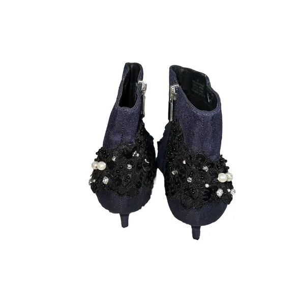KURT GEIGER LONDON BELGRAVIA POINTED TOE ANKLE BOOT Navy 39 Cloth Sequins Pearl