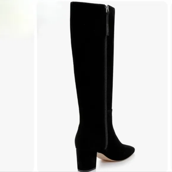 L’AGENCE Eugenia Sz 6 Black Suede 2.36” Block Heel Boot Almond Toe 15.55” Shaft