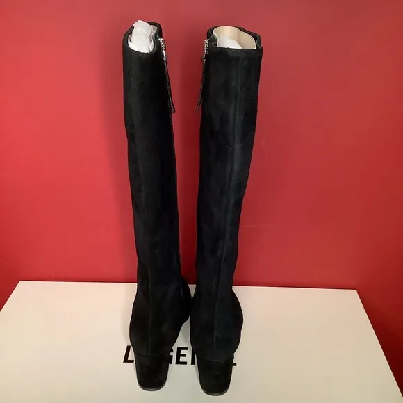 L’AGENCE Eugenia Sz 6 Black Suede 2.36” Block Heel Boot Almond Toe 15.55” Shaft