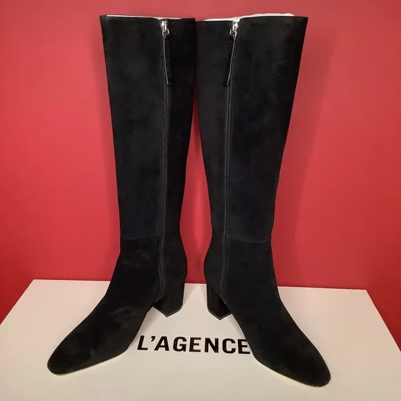 L’AGENCE Eugenia Sz 6 Black Suede 2.36” Block Heel Boot Almond Toe 15.55” Shaft