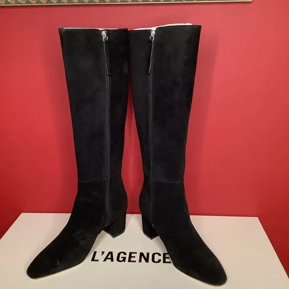 L’AGENCE Eugenia Sz 6 Black Suede 2.36” Block Heel Boot Almond Toe 15.55” Shaft