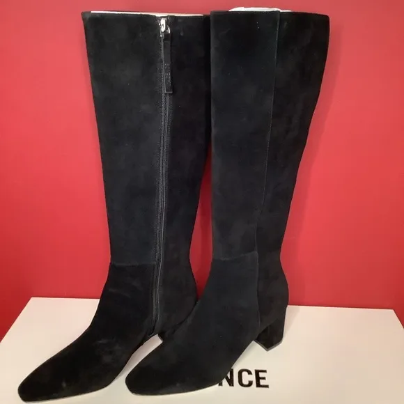 L’AGENCE Eugenia Sz 6 Black Suede 2.36” Block Heel Boot Almond Toe 15.55” Shaft