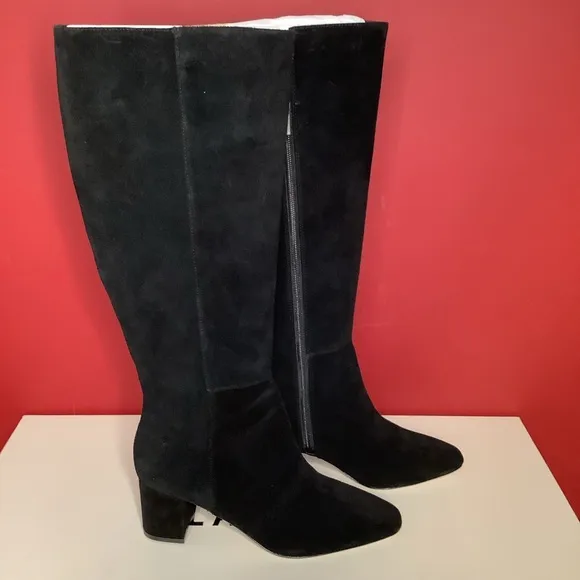 L’AGENCE Eugenia Sz 6 Black Suede 2.36” Block Heel Boot Almond Toe 15.55” Shaft