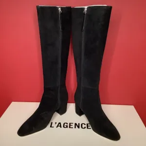 L’AGENCE Eugenia Sz 6 Black Suede 2.36” Block Heel Boot Almond Toe 15.55” Shaft
