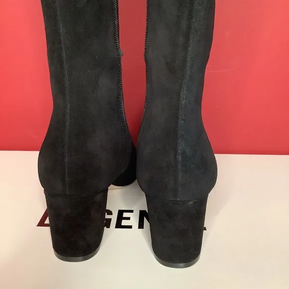 L’AGENCE Eugenia Sz 6 Black Suede 2.36” Block Heel Boot Almond Toe 15.55” Shaft