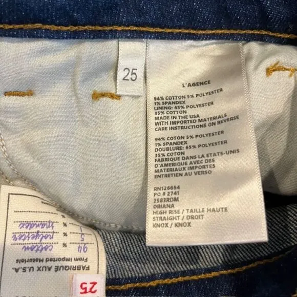 L'Agence Oriana Straight Leg High Rise Jeans in Knox Blue Finish Stretch Size 25