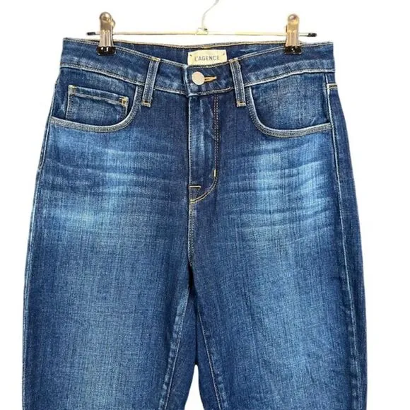 L'Agence Oriana Straight Leg High Rise Jeans in Knox Blue Finish Stretch Size 25