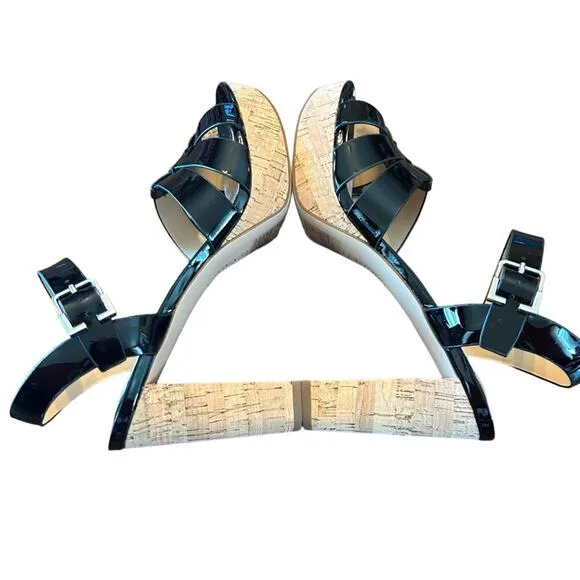 Lauren Ralph Lauren Soffia Leather Platform Sandals Black Patent NEW Size 9.5
