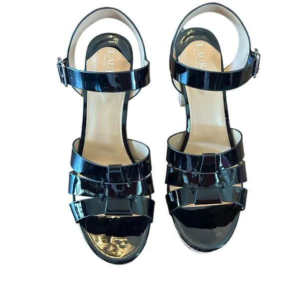 Lauren Ralph Lauren Soffia Leather Platform Sandals Black Patent NEW Size 9.5