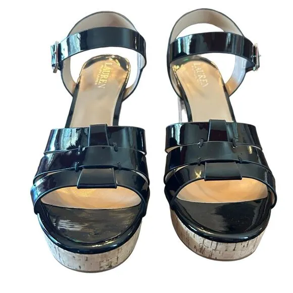 Lauren Ralph Lauren Soffia Leather Platform Sandals Black Patent NEW Size 9.5