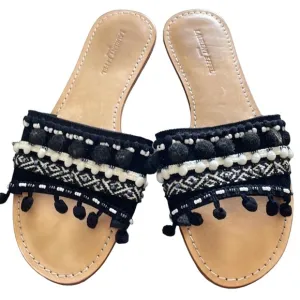 LAURENT EFFEL St Barth Pom Pom Sandals Black White Size 41