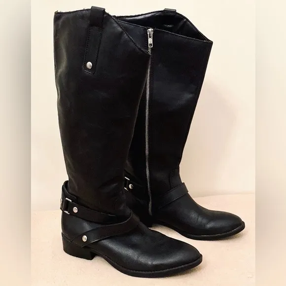 Liz Claiborne Renea Black Genuine Leather Tall Heeled Boots Size 6.5M