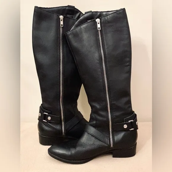 Liz Claiborne Renea Black Genuine Leather Tall Heeled Boots Size 6.5M