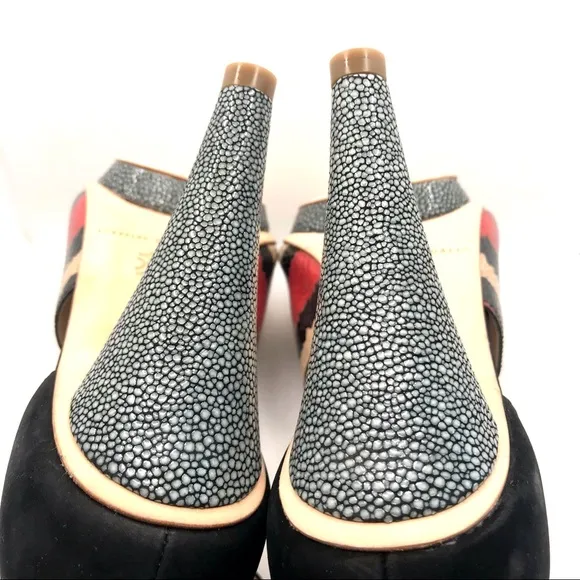 LOEFFLER RANDALL &quot;ROSIE&quot; RED, BLACK &amp; CREAM LEATHER PLATFORM HEELS (9B)