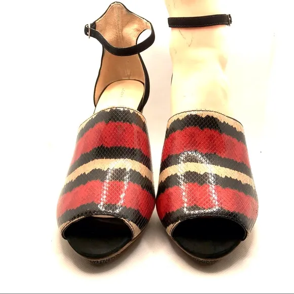 LOEFFLER RANDALL &quot;ROSIE&quot; RED, BLACK &amp; CREAM LEATHER PLATFORM HEELS (9B)