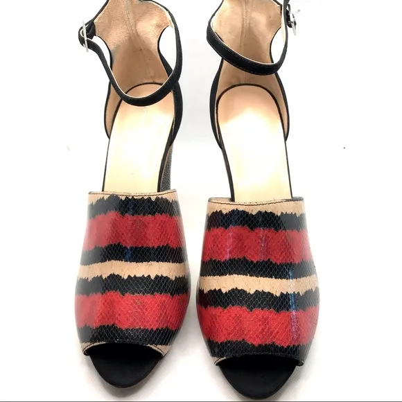LOEFFLER RANDALL &quot;ROSIE&quot; RED, BLACK &amp; CREAM LEATHER PLATFORM HEELS (9B)