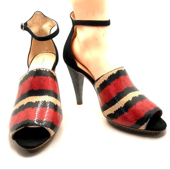 LOEFFLER RANDALL &quot;ROSIE&quot; RED, BLACK &amp; CREAM LEATHER PLATFORM HEELS (9B)