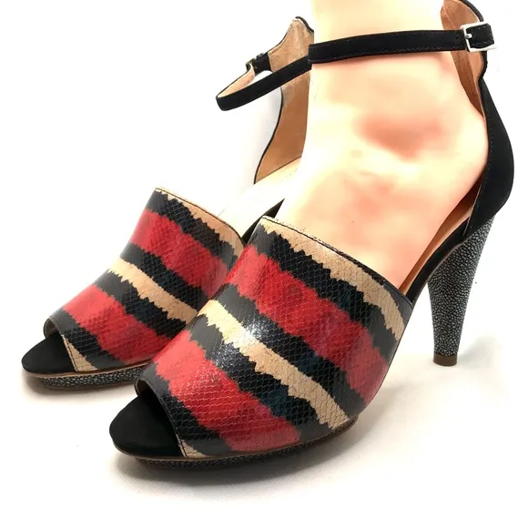 LOEFFLER RANDALL &quot;ROSIE&quot; RED, BLACK &amp; CREAM LEATHER PLATFORM HEELS (9B)