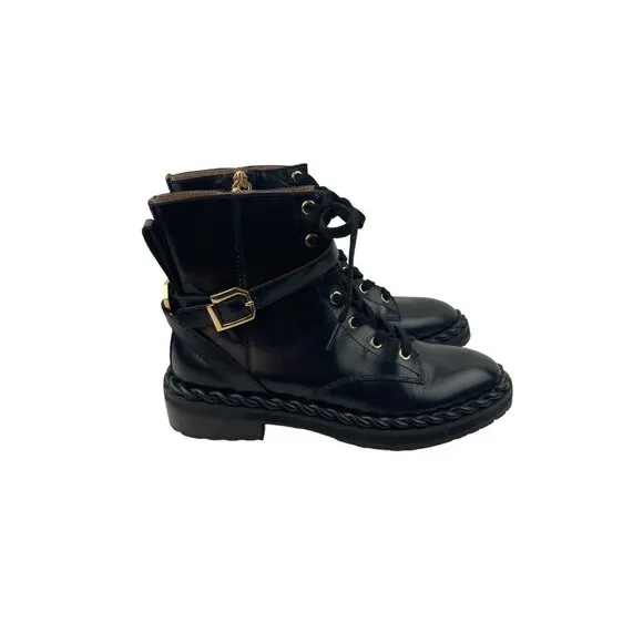 Louise Et Cie Sabri Black Leather Combat Boots Womens US 7.5 EU 38 Mid Calf Lace