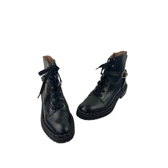 Louise Et Cie Sabri Black Leather Combat Boots Womens US 7.5 EU 38 Mid Calf Lace