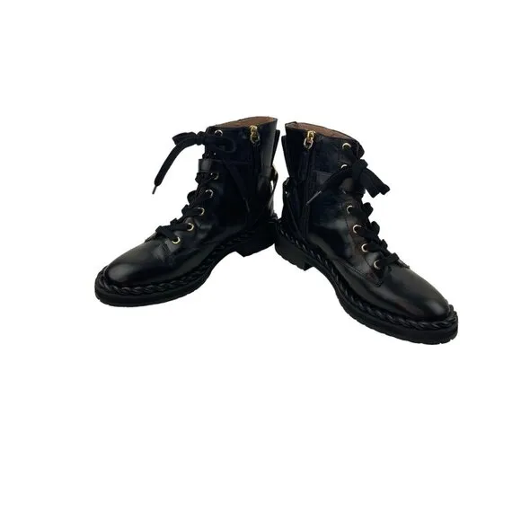 Louise Et Cie Sabri Black Leather Combat Boots Womens US 7.5 EU 38 Mid Calf Lace