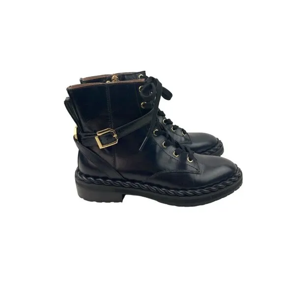 Louise Et Cie Sabri Black Leather Combat Boots Womens US 7.5 EU 38 Mid Calf Lace