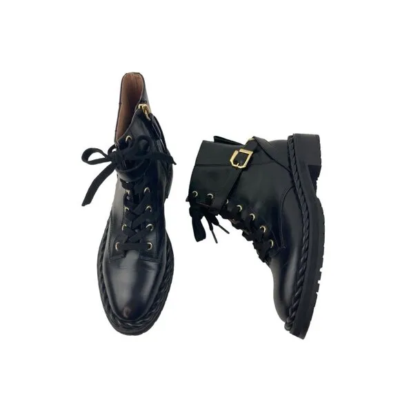 Louise Et Cie Sabri Black Leather Combat Boots Womens US 7.5 EU 38 Mid Calf Lace