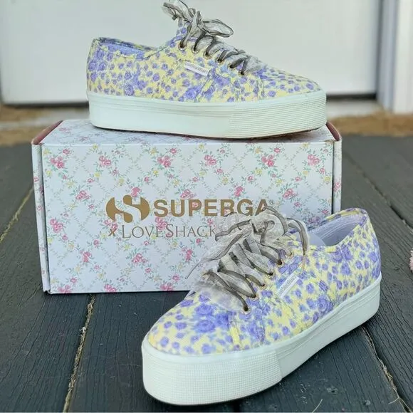 LoveShackFancy Superga FanCot Bindings Purple Floral Platform Sneakers 10.5