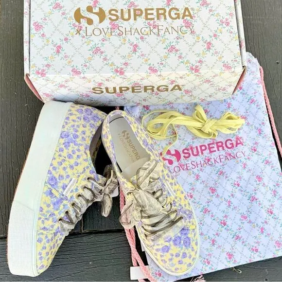 LoveShackFancy Superga FanCot Bindings Purple Floral Platform Sneakers 10.5