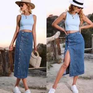 Luna Buttoned Denim Skirt - Medium Blue