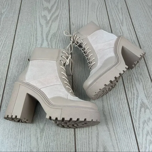 Madden Girl Roguee Chunky Lug Heel Lace-up Work Boots 10M Putty $80