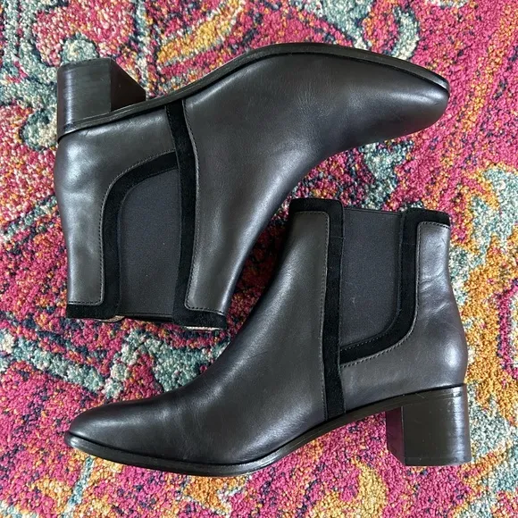 Madewell | Women’s black leather/suede pull on ankle boots, black heels, size 8