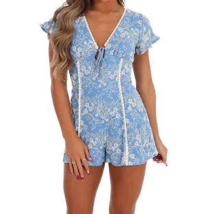 Magic Moments Embroidery Romper In Denim